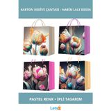 Letsii Pastel Renkli Lale Desenli Şık Karton Hediye Çantası Küçük Boy