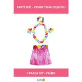 Letsii Pembe Hawaii Püsküllü Etek Çiçek Kolye Taç ve Bileklik Seti