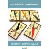 Letsii Renkli Tüy Divit ve Zarif Taş Süslemeli Hokka Seti - Çok Renkli - Hokka Kalem Seti