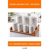 Letsii Şık Ahşap Standlı Beyaz Seramik Kapaklı 7 Adet Baharatlık Takımı - Çok Renkli