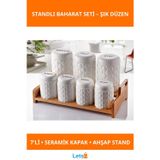 Letsii Şık Ahşap Standlı Beyaz Seramik Kapaklı 7 Adet Baharatlık Takımı