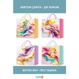 Letsii Şık Büyük Boy İpli Karton Çanta Renkli Pastel Motiflerle Hediye Sunumu İçin