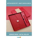 Letsii Şık Kırmızı Deri Defter Metal Roller Kalem Hediye Seti - Çok Renkli - Defter & Ajanda