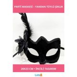 Letsii Şık Siyah Süet Yandan Tüylü İncili Parti Maskesi