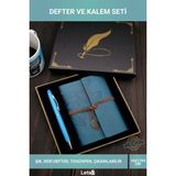 Letsii Siyah Kutulu Yaprak Desenli Mavi Deri Defter ve Touchpen Kalem Seti - 1 Adet - Çok Renkli