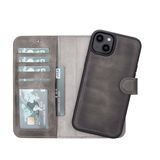 Lev Leather iPhone 14 Plus ile uyumlu Hakiki Deri Cüzdan Kılıf - Kart Yuvalı, Tam Koruma, MagSafe Uyumlu, RFID Korumalı, Stantlı, Güçlü Manyetik Kapama - Üniseks (Gri)