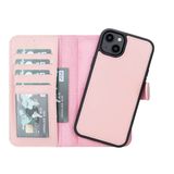 Lev Leather iPhone 14 Plus ile uyumlu Hakiki Deri Cüzdan Kılıf - Kart Yuvalı, Tam Koruma, MagSafe Uyumlu, RFID Korumalı, Stantlı, Güçlü Manyetik Kapama - Üniseks (Pembe)