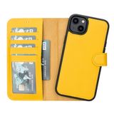 Lev Leather iPhone 14 Plus ile uyumlu Hakiki Deri Cüzdan Kılıf - Kart Yuvalı, Tam Koruma, MagSafe Uyumlu, RFID Korumalı, Stantlı, Güçlü Manyetik Kapama - Üniseks (Sarı)