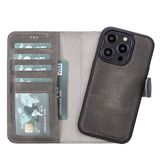 Lev Leather iPhone 14 Pro ile uyumlu Hakiki Deri Cüzdan Kılıf - Kart Yuvalı, Tam Koruma, MagSafe Uyumlu, RFID Korumalı, Stantlı, Güçlü Manyetik Kapama - Üniseks (Gri)