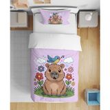 Leva Home Capybara Desenli 3D Dijital Baskılı Tek Kişilik Çarşafsız Kız Çocuk Nevresim Takımı - Pembe - 160 x 220 cm