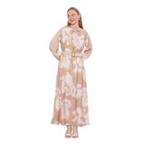 levidor Büyük Çiçek Desenli Tesettür Elbise, 38, V7021, Camel, Kadın