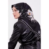 levidor Papatya Desen Twill İpek Eşarp, 90x90, LVD.IPE.0725, Siyah, Kadın
