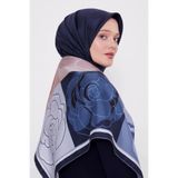levidor Soyut Çiçek Twill Eşarp, 90x90, LVD.IPE.0726, Lacivert, Kadın