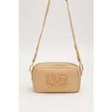 Levidor Uzun Askılı Küçük Boy Crossbody Çift Bölmeli Logo Detaylı Kadın Günlük Omuz Çantası Bej