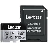 Lexar 512 GB Profesyonel Silver Plus microSDXC Hafıza Kartı w/SD Adaptör, UHS-I, C10, U3, V30, Full-HD ve 4K Video, 205/150 MB/s'ye kadar Okuma/Yazma, Videografçılar, Oyuncular (LMSSIPL512G-BNANU)