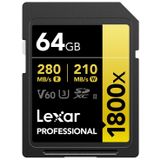 Lexar LSD1800064G-BNNNG 64GB SD Professional 1800x SDXC UHS-II Card 280MB/s Okuma 210MB/s Yazma C10 V60 U3 Kart Bellek