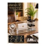 Lexi Bella Premium Hediye Ofis Kristal Cam Saatli Kalemlik Kartvizitlik Yönetici Masaüstü Organizer Seti Siyah
