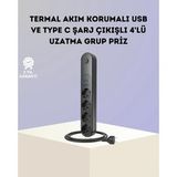 Lexroo Akım Korumalı 4'lü Grup Priz 2 USB 1 Type-C Çıkışlı 2 M Kablolu Termal Korumalı Siyah