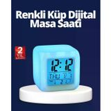 lexroo Renk Değiştiren LED Küp Masa Saati Alarmlı Dijital Termometreli Takvimli Gece Lambası 8 cm Lex2642327