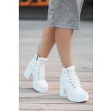 LEYDİ SHOES Melisa Platform Bağcıklı Yandan Fermuarlı Beyaz Bayan Bot