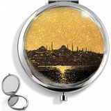 Leylaki Altın Istanbul Silueti Paslanmaz Çelik Cep Aynası - Tarihi Cami Motifli El Aynası