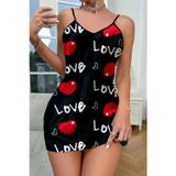Leyna Love Desenli Siyah Saten Gecelik