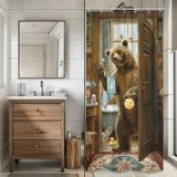 LGhtyro Küçük Stall RV Komik Ayı Duş Perdesi Banyo Seti 80 cm x 180 cm Çiftlik Evi Hayvan Banyo Retro Rustik Ülke Ahşap Yaban Hayatı Banyo Aksesuarları Komik Sanat Ev Dekor Kumaş 7 Paket Kanca