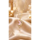 Lia Charm 18 Ayar Altın Kaplama Paslanmaz Çelik Mine Detaylı Hilal Ay Kolye – Damla Taşlı Bohem Takı - 45 cm