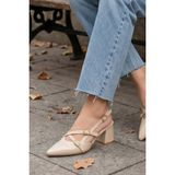 Liarca Mary Jane Bej Rugan Çapraz Tokalı Slingback - Sivri Burun Alçak Kare Topuklu Elegant Kadın Ayakkabı