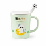 Liberty Love The Most Kapaklı Kaşıklı Porselen Kupa - Kedi & Civciv | Porselen Malzeme, Kedi Pençesi Kaşık, Seramik Kapak Dahil, Sevimli Karikatür Desen, Mint Yeşili Renk