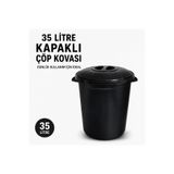LİDERAMBALAJ07 35 Litre Kapaklı Çöp Kovası Siyah | Dayanıklı Plastik Çöp Kovası | Ev, Ofis, İş Yeri ve Bahçe Kullanımı