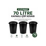 LİDERAMBALAJ07 70 Litre Kapaklı Çöp Kovası 3'lü Set | 3 Adet Çöp Kovası + 3 Adet Uyumlu Kapak | Dayanıklı Plastik Büyük Boy Çöp Kutusu | Ev, Ofis, Bahçe ve İş Yeri Kullanımı