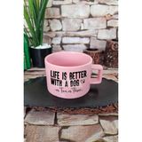 Life With Dogs Baskılı Köpeklerle Hayat Teması Köpeksever Kare Kulplu Fincan Pembe Kupa Bardak