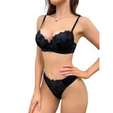 LifeLuxury Kadın Dantel Çiçekli Sütyen ve Bikini İç Çamaşır Seti, Fransız Roman Korse Modeli, Ayarlanabilir Askılı, Saten Karışımlı, Standart Beden, Siyah (M)