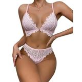 LifeLuxury Kadın Dantel Detaylı İç Çamaşırı Seti, Fransız Roman Korse, Pembe Saten ve Dantel, Ayarlanabilir Askılı, Seksi Tasarım, Standart Beden (L)