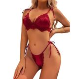 LifeLuxury Kadın Dantel Detaylı Seksi İç Çamaşırı Seti, V Yaka Sütyen ve Külot, Kırmızı Saten ve Dantel, Ayarlanabilir Askılı, Fransız Roman Koleksiyonu (M)