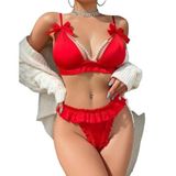 LifeLuxury Kadın Dantel ve Saten Kırmızı İç Çamaşırı Seti, Fiyonk Detaylı Seksi Tasarım, Ayarlanabilir Askılı Sütyen ve Fırfırlı Külot, Standart Beden (XL)