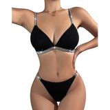 LifeLuxury Kadın İç Çamaşır Seti, Siyah Dantel, Gümüş Şeritli, Ayarlanabilir Askılı Sütyen ve Bikini Takımı, Seksi Fransız Roman Koleksiyonu (S)