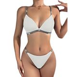 LifeLuxury Kadın Sütyen ve Tanga Takımı, Beyaz, Gri Şerit Detaylı, İki Parça İç Çamaşır Seti (beyaz, xl)