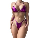 LifeLuxury Metalik Mor Bikini Takımı, 2 Parça, Lateks ve Saten Kumaş, İpli Model, Su Geçirmez, Standart Beden (S)