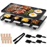 Lıfezeal 8 Kişilik Raclette Izgara, Ters Çevrilebilir Yapışmaz Izgara Plakalı 1400W Elektrikli Izgara, 8 Tava ve 8 Tahta Spatula - Siyah