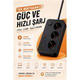 Light Nova 3'lü Çoklu Priz | 2500W | PD20W Hızlı Şarjlı | 2xUSB | 1xType-C | Akım Korumalı |2 Metre Uzatma Kablosu