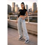 Lighter Jeans Kadın Buz Kar Yıkamalı Esnek Wide Leg Bol Paça Palazzo Jean Pantolon Yüksek Bel Rahat Kesim Günlük Denim