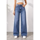 Lighter Jeans Kadın Kar Mavi Yıkamalı Likralı Wide Leg Palazzo Jean Pantolon Yüksek Bel Esnek Bol Paça Denim