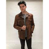 LIGHTNING Erkek Taba Hakiki Deri Slim Fit Kaban – Gömlek Yaka, Düğmeli, 4 Cepli, Ipek Astar | Uşak El Işçiliği