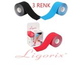 Ligorix Sport Tape Kinezyo Sporcu Bandı Ağrı Bandı 3 ADET 3 RENK Kırmızı Mavi Siyah 5cm X 5m