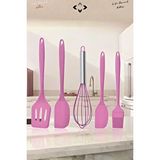 LİGROUND 5’li Siyah Isıya Dayanıklı %100 Silikon Spatula Mutfak Gereç Seti Fırça Tel Çırpıcı Mutfak Gereçleri Pembe