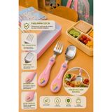 Liground Paslanmaz Çelik Kutulu Bebek ve Çocuk Çatal Kaşık Seti 2 Parça Ergonomik Saplı Okul Beslenme Seyahat - Pembe
