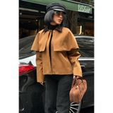 Lijuri Kahverengi Trençkot Stil Pelerinli Ceket – Kadife Detay Mont 7076-08