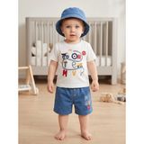 Lika&Nika Erkek Bebek 3'lü Takım %100 Pamuklu Tişört, Lastik Belli Denim Şort ve Şapka - 12 - 18 Ay - Bej